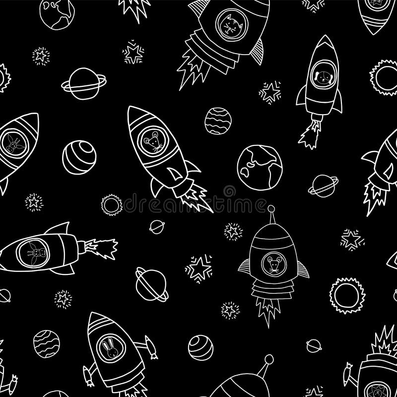 Animales en fondo inconsútil del vector del espacio Naves de Rocket Astronautas animales ratón, gato, jirafa, perro, y león en na stock de ilustración Animales en fondo inconsútil del vector del espacio Naves de Rocket Astronautas animales ratón, gato, jirafa, perro, y león en na stock de ilustración