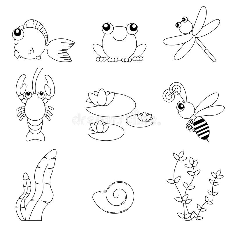 Animales lindos del diseño plano fijados Vida del río: pescados, rana, libélula, cangrejos, abeja, lirio de agua, cáscaras y alga ilustración del vector Animales lindos del diseño plano fijados Vida del río: pescados, rana, libélula, cangrejos, abeja, lirio de agua, cáscaras y alga ilustración del vector