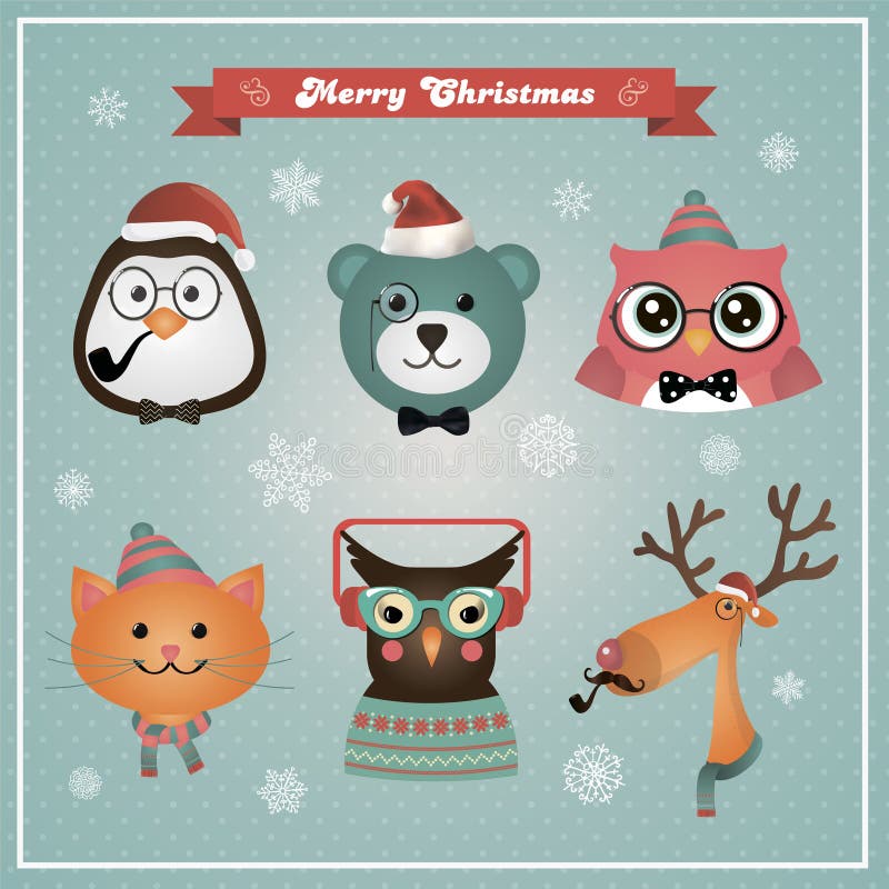 Animales y animales domésticos lindos del inconformista de la moda de la Navidad ilustración del vector Animales y animales domésticos lindos del inconformista de la moda de la Navidad ilustración del vector