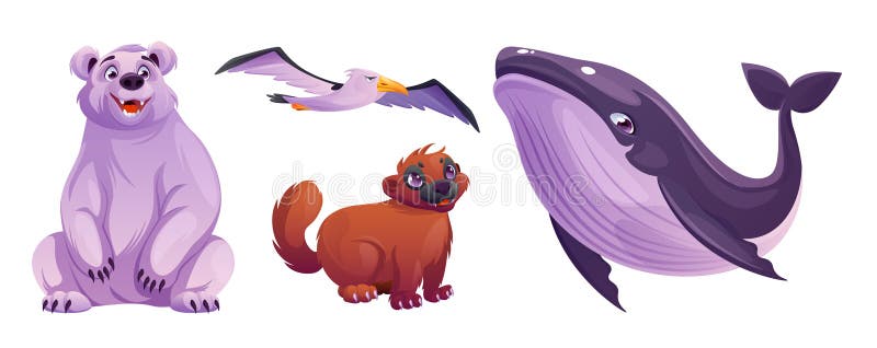 North pole animals in cartoon vector illustration set - cute toon white bear, wolverine with brown fur, big blue striped whale and flying albatross or seagull. Polar arctic wildlife mammals and bird. North pole animals in cartoon vector illustration set - cute toon white bear, wolverine with brown fur, big blue striped whale and flying albatross or seagull. Polar arctic wildlife mammals and bird.