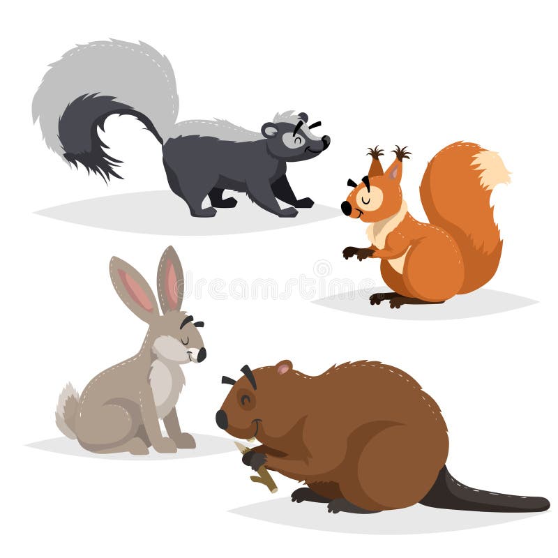 Animali della foresta messi Moffetta, scoiattolo, lepre e castoro Sorridere felice e caratteri allegri Illustrazioni dello zoo di royalty illustrazione gratis Animali della foresta messi Moffetta, scoiattolo, lepre e castoro Sorridere felice e caratteri allegri Illustrazioni dello zoo di royalty illustrazione gratis