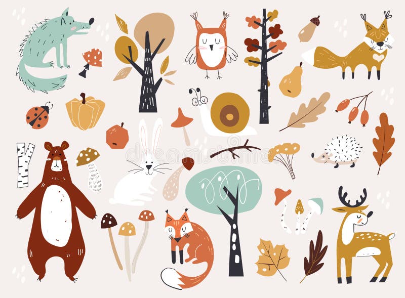 Animali di bosco d'autunno e elementi di progettazione floreale. Un set di cartoni animati autunnali, piante e cibo