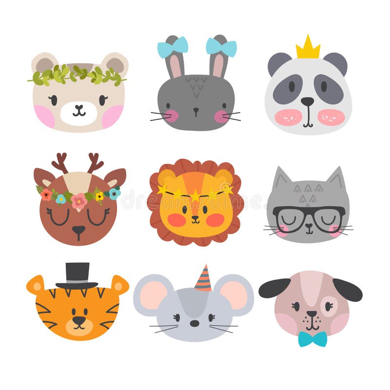 Animali svegli con gli accessori divertenti Insieme dei caratteri sorridenti disegnati a mano Zoo del fumetto Gatto, leone, panda illustrazione vettoriale Animali svegli con gli accessori divertenti Insieme dei caratteri sorridenti disegnati a mano Zoo del fumetto Gatto, leone, panda illustrazione vettoriale