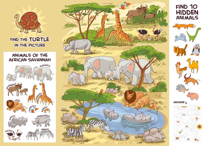 Animals of the African Savannah. Puzzle Hidden Items Stock Vector -  Illustration of characters, isolated: 221243919