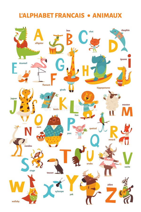 French Language Alphabet Poster With Cartoon Animals Stock Vector