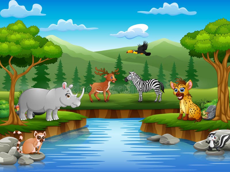 Animals Cartoon are Enjoying Nature by the River Stock Vector -  Illustration of outdoor, cartoon: 133981746