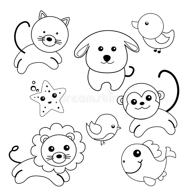 Animals. Different funny animals: cat, dog, monkey, lion, duck, chick, starfish. royalty free illustration Animals. Different funny animals: cat, dog, monkey, lion, duck, chick, starfish. royalty free illustration