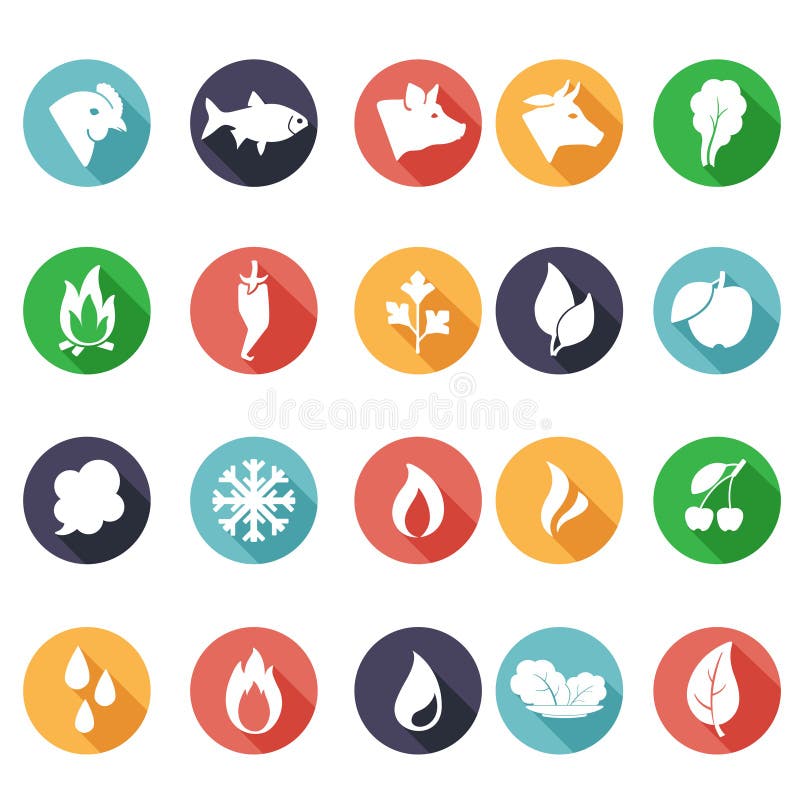 Animals, leaves, fire, frost, steam, water icons. Flat style