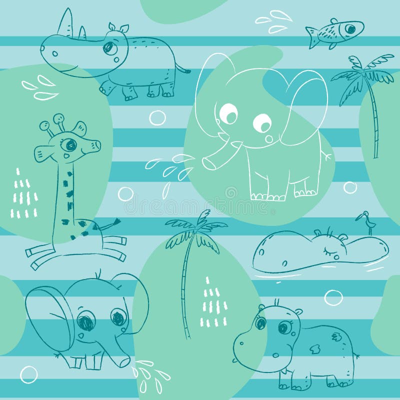 Cute animals playing with water, baby seamless pattern background. Cute animals playing with water, baby seamless pattern background