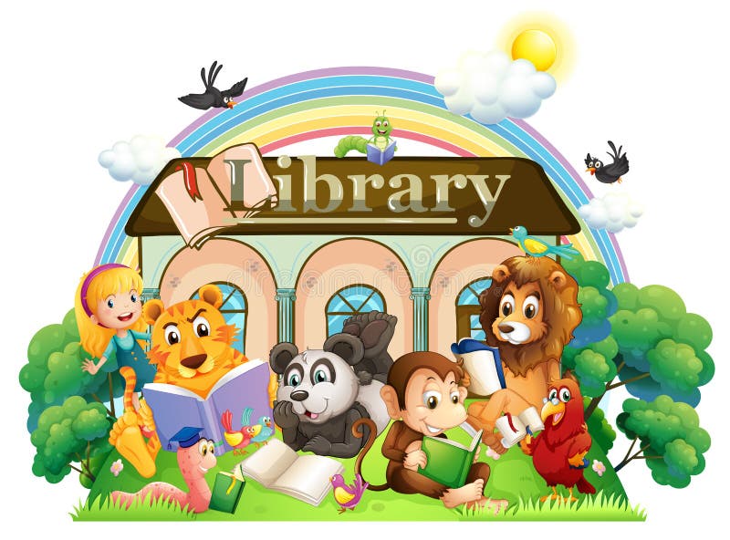 Animals Reading in Front of the Library Stock Illustration