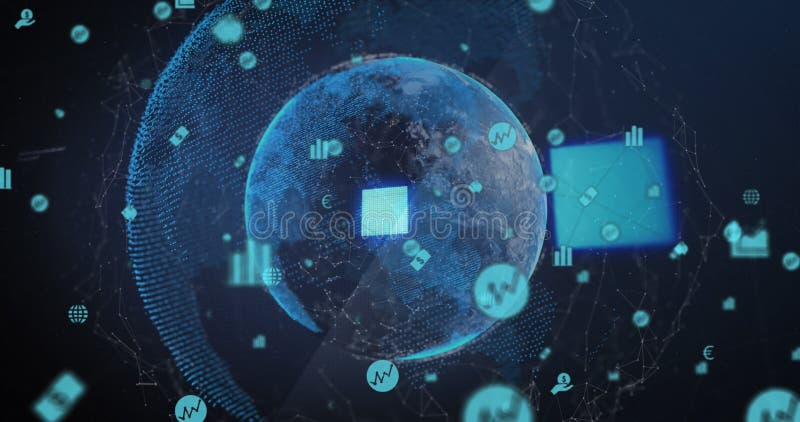 Animarea pictogramei de încărcare a pătratelor și a rețelei de conexiuni de pe glob stock illustration