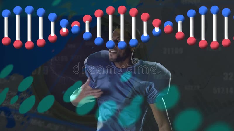 Animarea rugby-ului american african masculin și a lanțului ADN în prelucrarea datelor stock footage