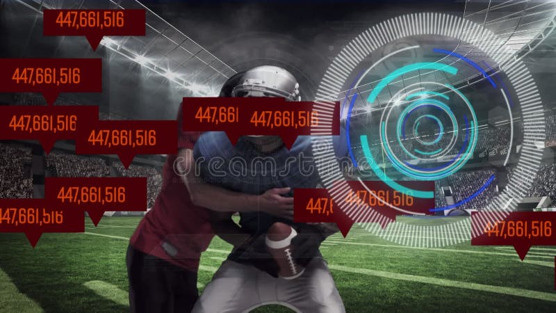 Animarea scanării domeniului de aplicare și prelucrarea datelor cu privire la diverși jucători de fotbal americani stock video