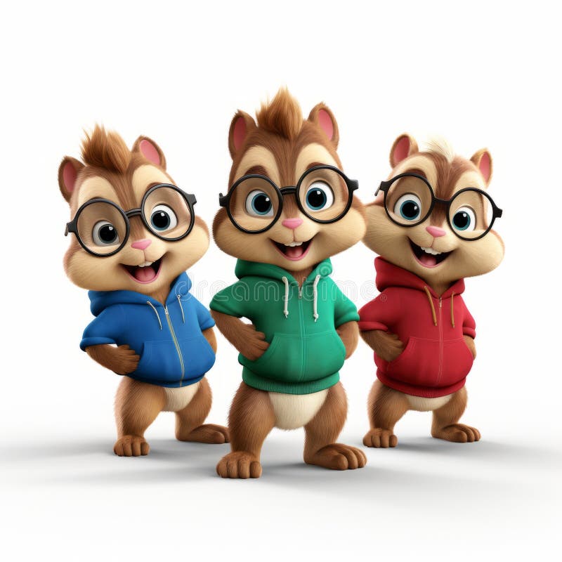 Animated Action: Three Chipmunks in Glasses and Hoodies Stock Photo