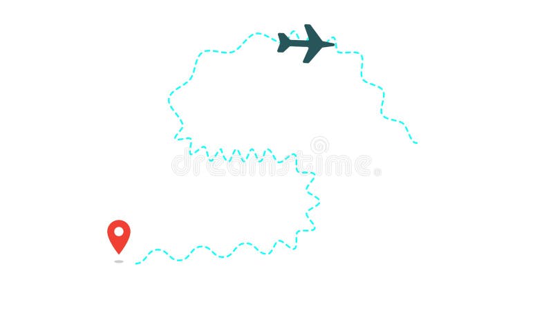 Animated airplane icon follows winding dashed flight path route stock illustration