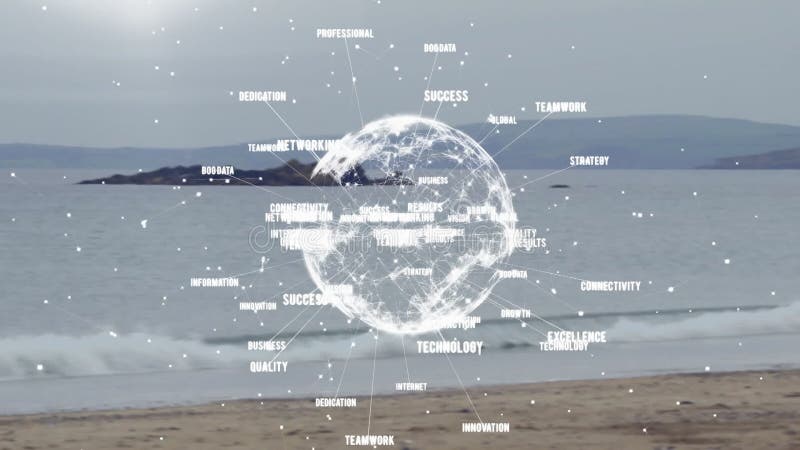 Animated business keywords and connections over globe with beach and ocean background stock footage
