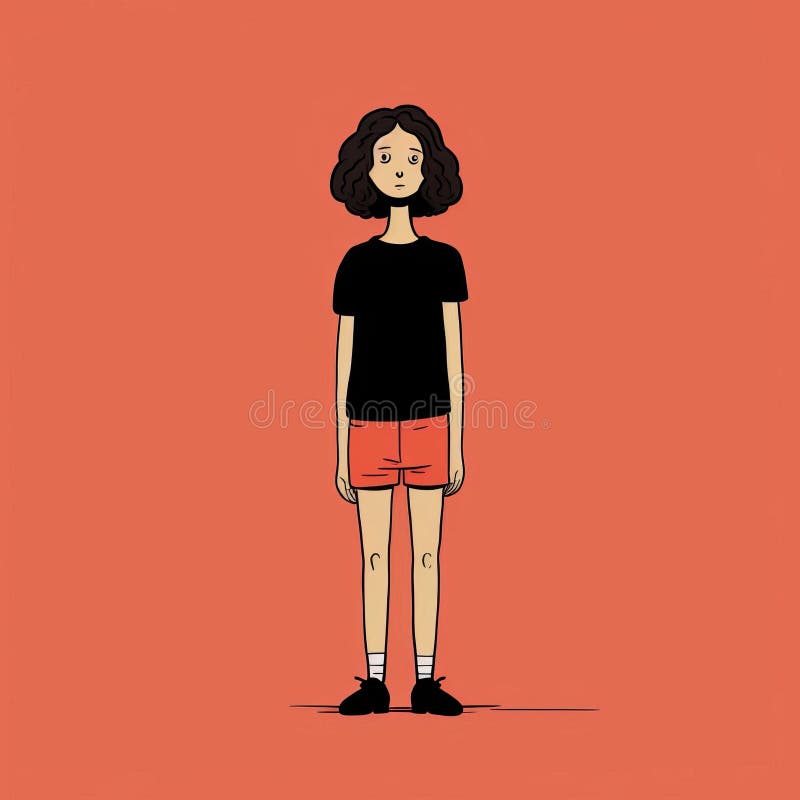 Simetrie minimalistă : femeie din desene animate în pantaloni scurți de către Jean Jullien. Un caracter animat cu un design minimalist și simetric se află în spatele unui fundal portocaliu care amintește de stilul marjane satrapis. caracterul complet emană cu inteligență și inteligență prin desenele sale animate cu creastă. paleta de culori constă în roșu-negru deschis, creând o atmosferă realistă și nostalgică care amintește de arcadiile copilăriei. generate de