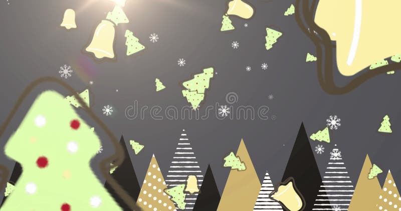 Animated Christmas bells and trees over snowy mountain landscape stock footage