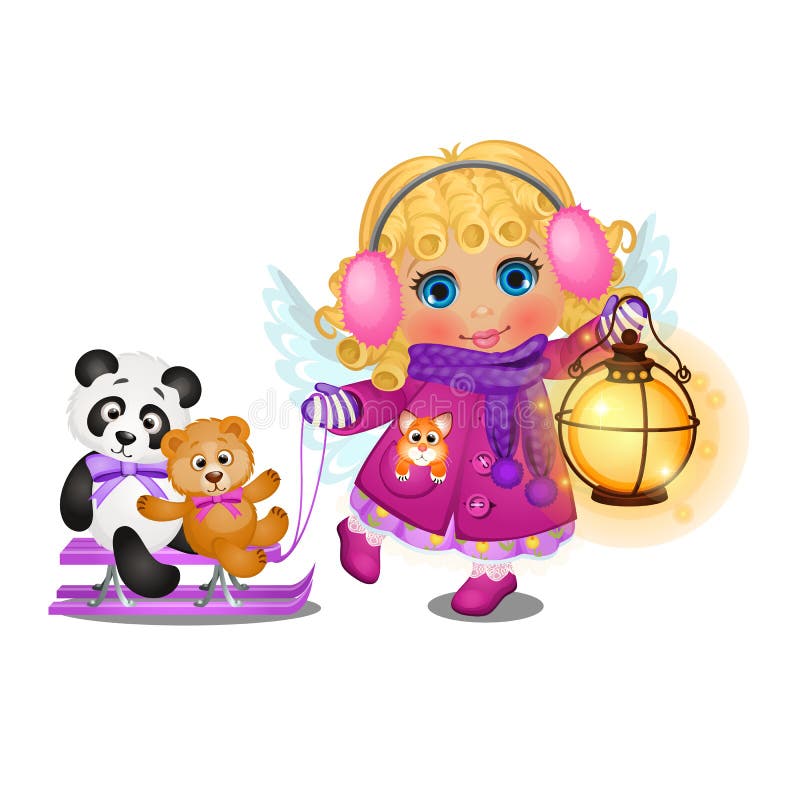 Animated cute little girl with curly blonde hair in winter clothes with angel wings ride on a sled your toys isolated on vector illustration Animated cute little girl with curly blonde hair in winter clothes with angel wings ride on a sled your toys isolated on vector illustration