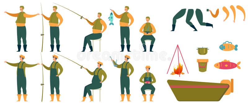 Animated Fisherman Character and Fishing Tools Set Stock