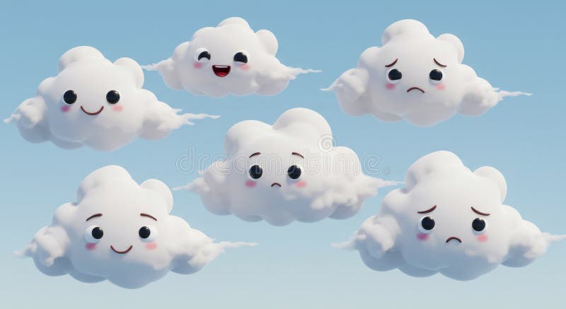 Animated fluffy clouds displaying diverse emotions against serene blue backdrop stock illustration
