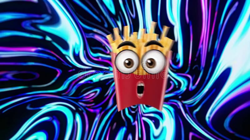 Animated french fries expressing surprise on a psychedelic background stock illustration