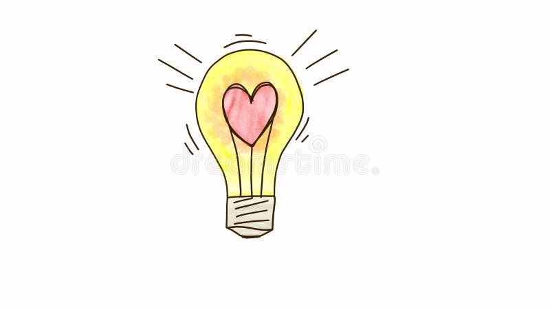 Animated hand drawn doodle light bulb with heart inside. Video clip with alpha channel. vector illustration