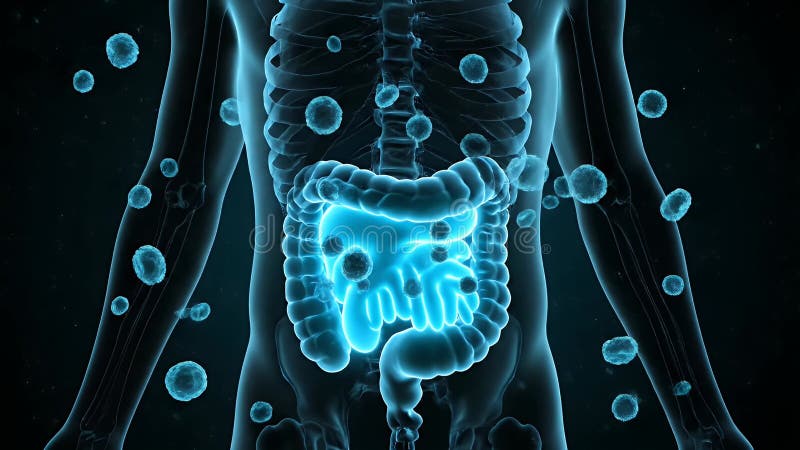 Animated Human Body with Illuminated Intestines and Spherical Elements on Black Background for Medical Visualization royalty free illustration