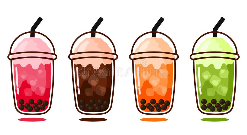 Set of four colorful bubble tea cups. Variety of flavours. Cute vector  illustration of boba tea, sweet Asian drink, in cartoon style with speech  bubble above. Flat design. Stock Vector