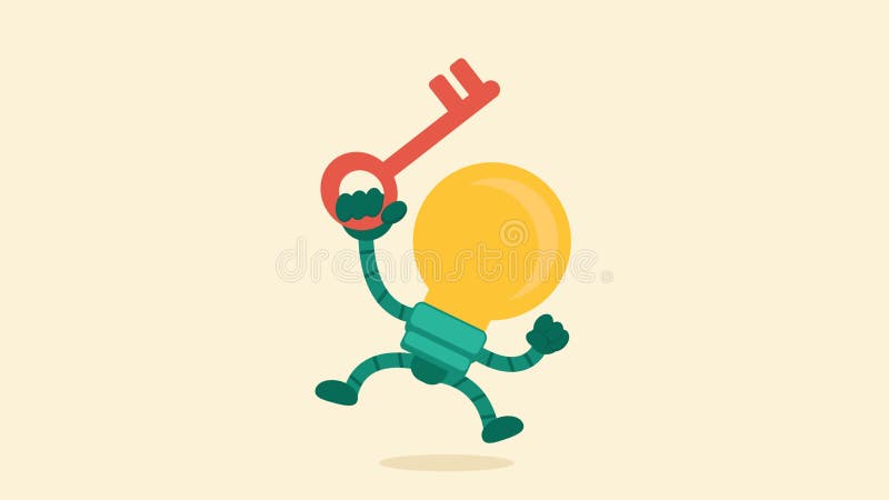 Animated illustration cartoon character of bulb lamp holding a key. vector illustration
