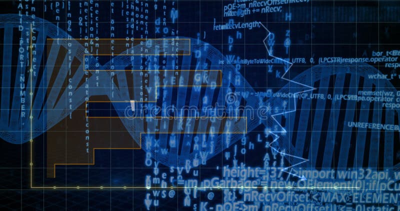 Animated illustration displaying double helix spanning frame, overlaying code and zigzag line graph stock video footage