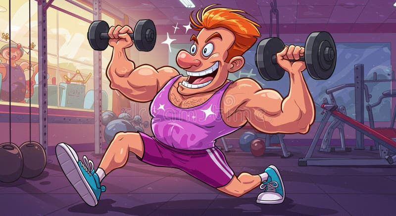 Animated muscular man energetically exercises in a gym, lifting two dumbbells. He vector illustration
