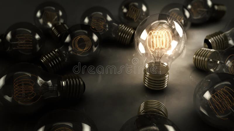 Animated Single 3D Illustrated Incandescent Light Bulb Surrounded by Multiple Bulbs on a Reflective Surface royalty free illustration