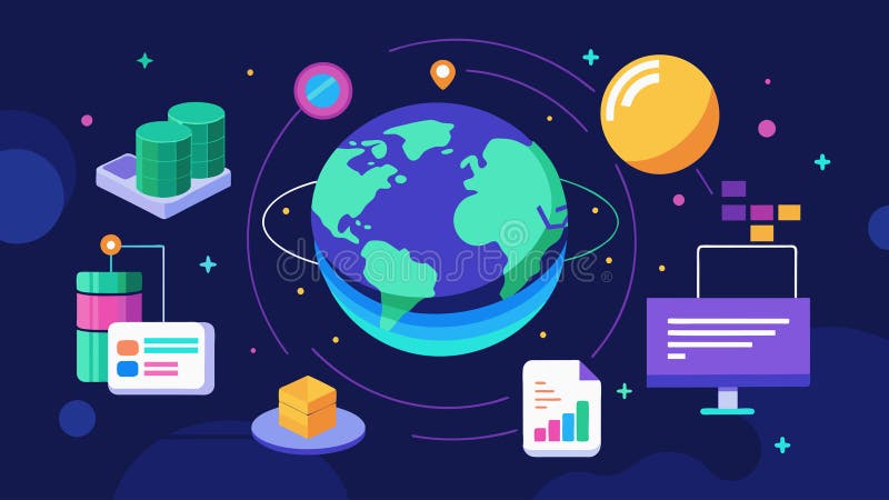 An animated visualization of global data streaming around a virtual world.. Vector illustration. stock illustration