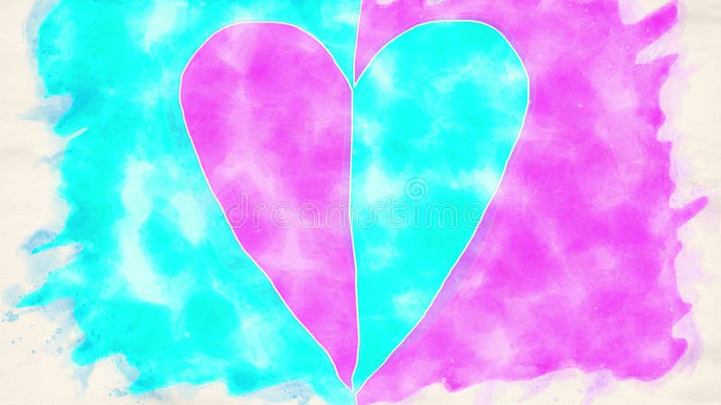 Animatie van blauw en roze bewegend hart in waterkleurstijl