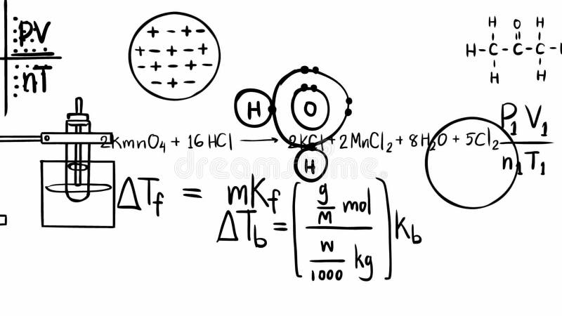 Animatie van de vergelijking van de chemietheorie en wiskundige formule van de band van de elementenmolecule met zich het chemisc