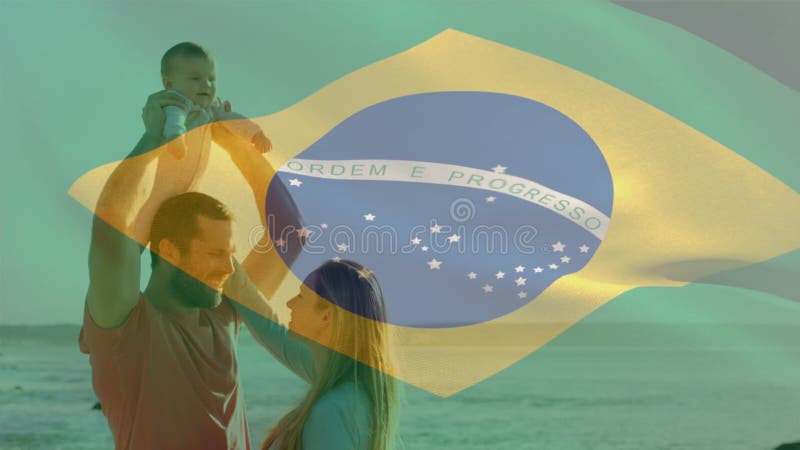 Animatie van de vlag van brazilië over de familie caucasië op het strand