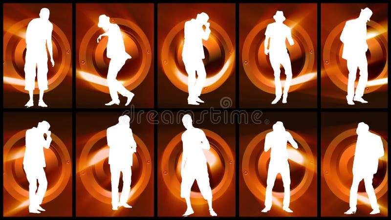 Animatie van twaalf mensensilhouetten die tegen oranje en zwarte achtergrond dansen