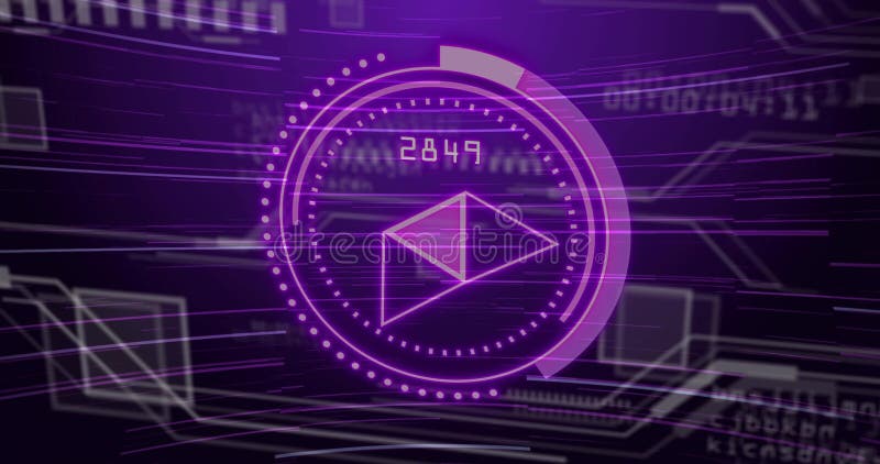 Animating central HUD pulsing dotted ring, envelope, progress arc and numeric 2849 in cyberspace royalty free illustration