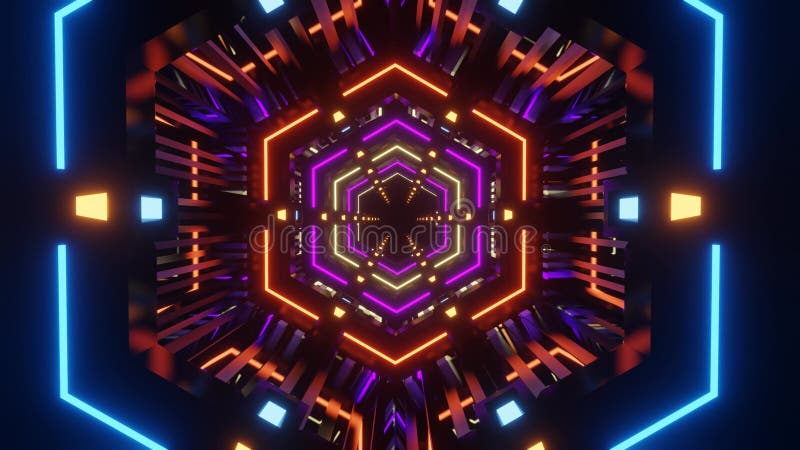 Animation abstraite en boucle d'un tunnel hexagonal éclairé par des néons bleus et oranges vibrants clips vidéos