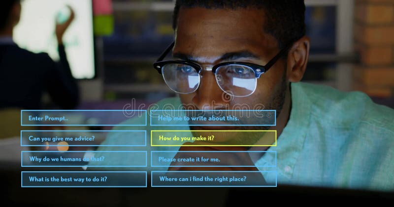 Animation of ai text, chat bot and data processing over african american man using laptop stock video footage