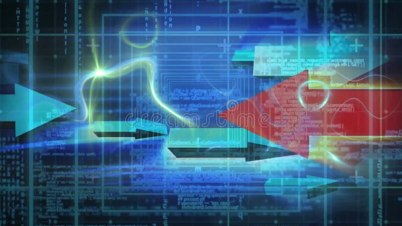 Animarea săgeților și prelucrarea datelor pe formele neon care se deplasează stock illustration
