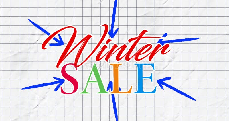 Animation of arrows pointing to winter sale text on squared white paper in background