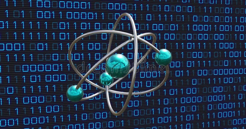 Animation of atom over binary coding data processing on black background. Science, chemistry and data processing concept digitally generated video. Binary coding data processing video