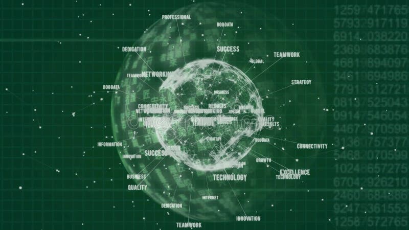 Animation autour du globe avec des mots-clés et des points de données sur fond de grille verte illustration de vecteur