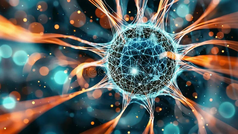 Animation avec structure de réseau neuronal futuriste avec connexions bleu et orange. illustration stock