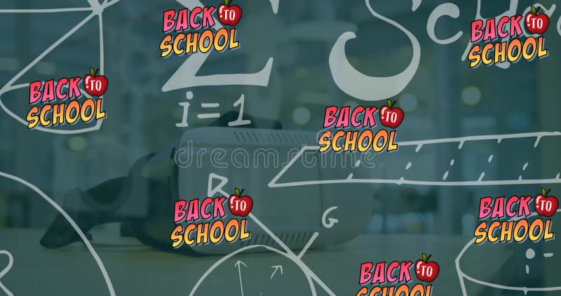 Animation of back to school and math formulas over vr headset stock footage