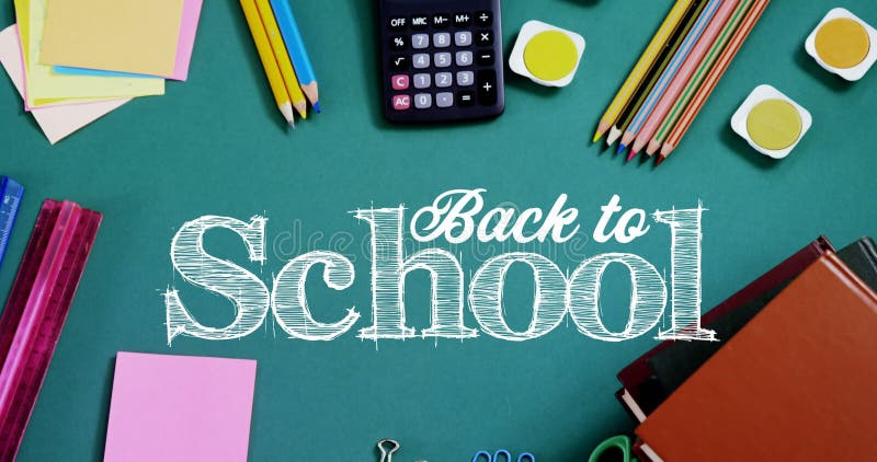 Animation of back to school text over school items stock video