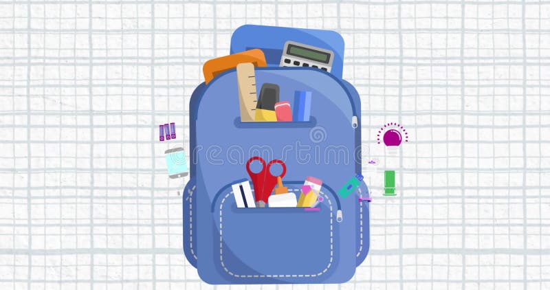 Animation of backpack and school icons over white squared paper background