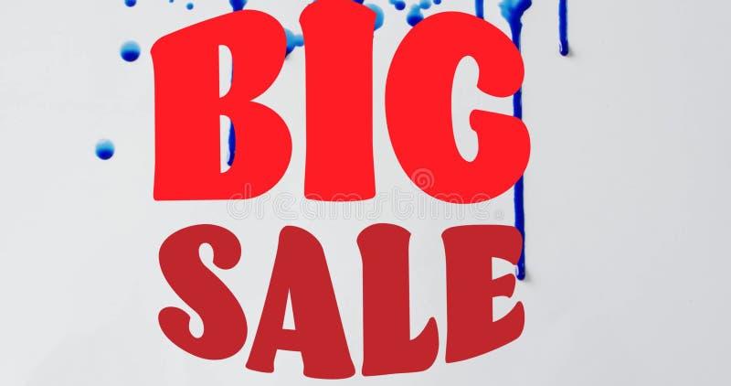 Animation of big sale text in red over blue paint splash on white